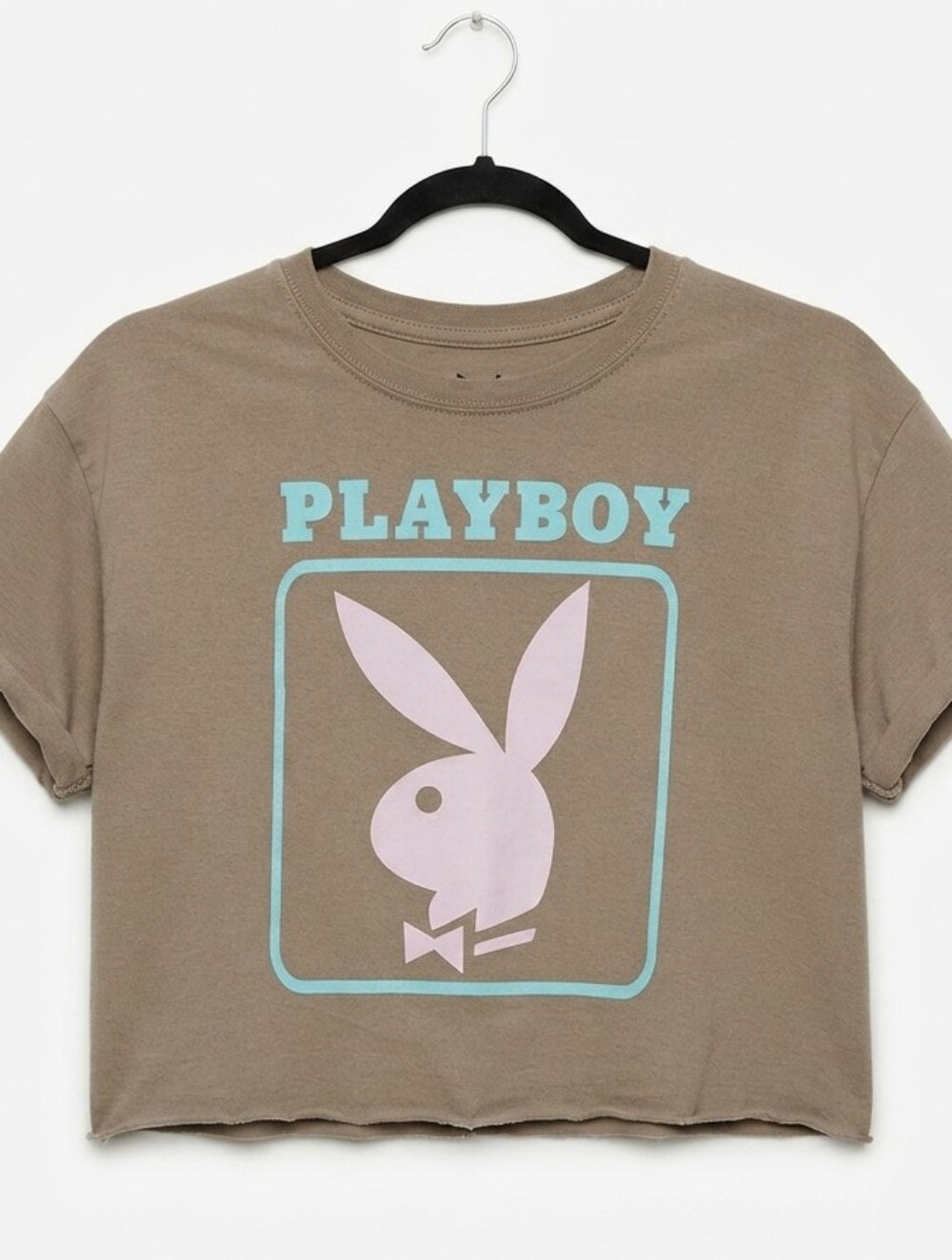 Playboy Tan Crop Top With Light Blue & Pink Bunny Logo Tee